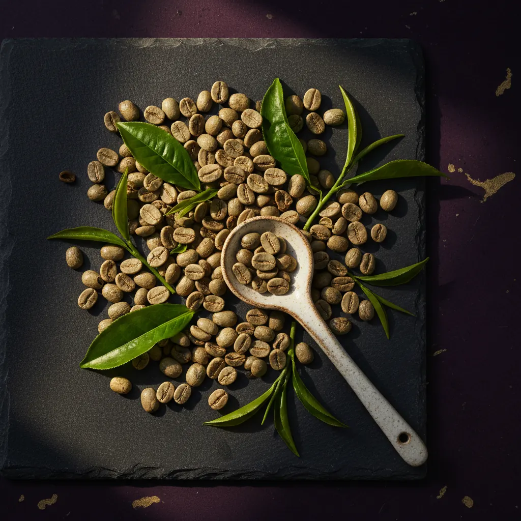 Green coffee beans and fresh tea leaves on dark slate - green coffee extract supplement UK