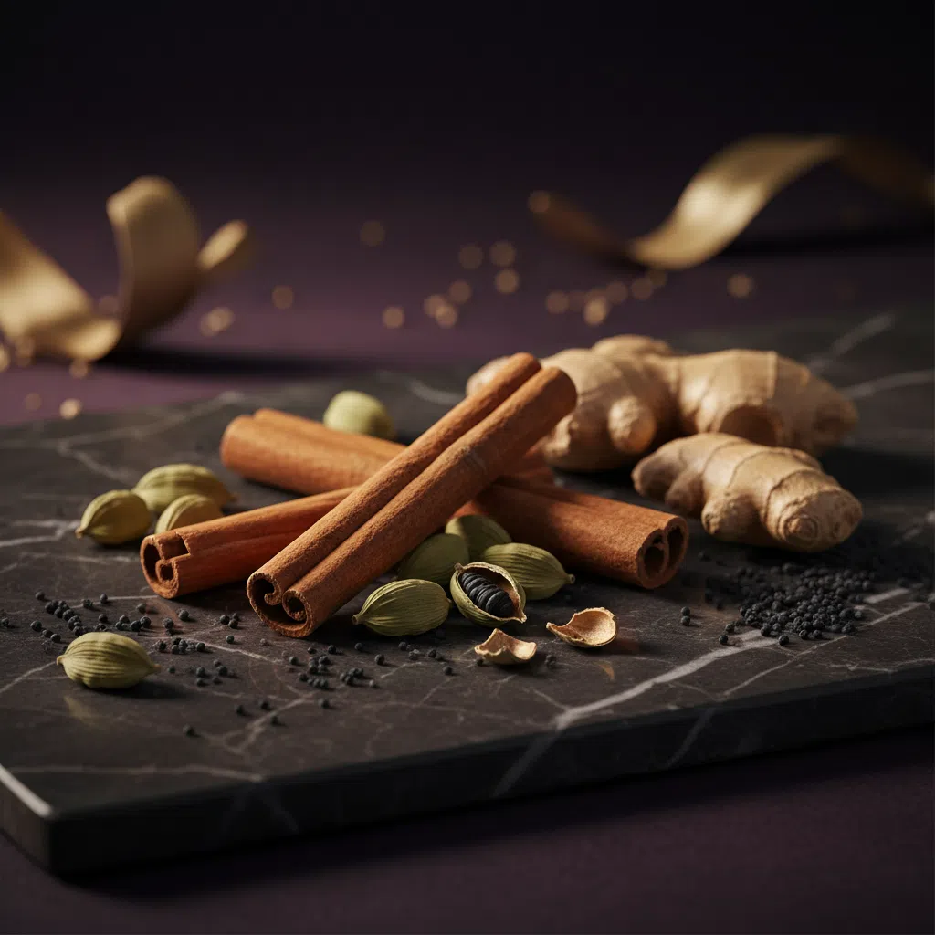 Dried botanical herbs and spices on dark marble - natural plant extract supplement